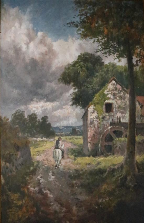 Oil- Figure on horseback near watermill